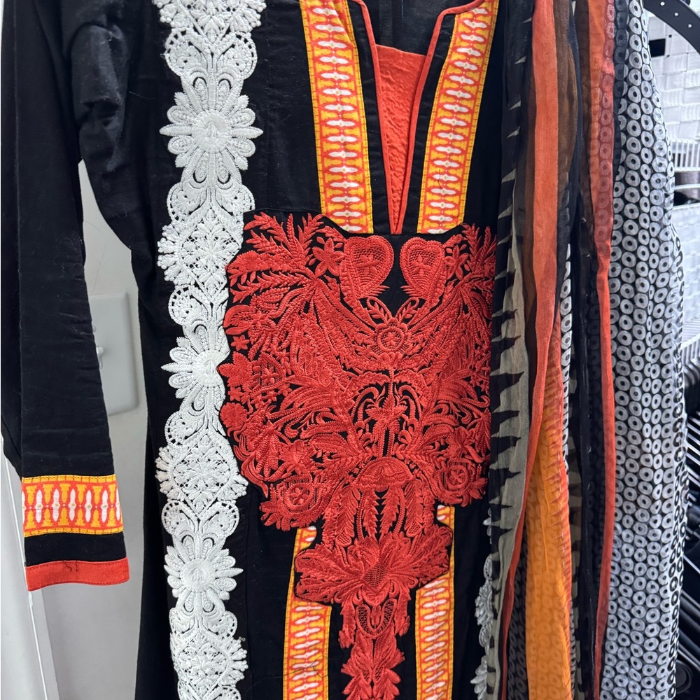 Black and Red Embroidered Dress with Lace Detail